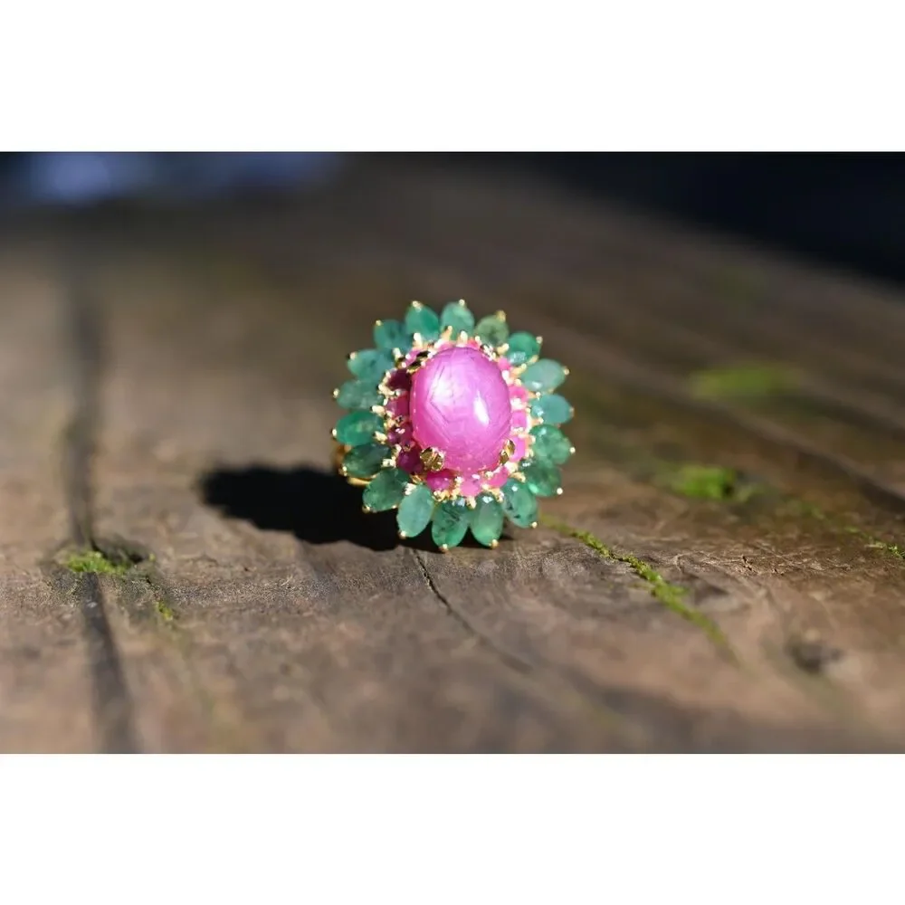 Ruby Emerald Floral Ring – Handmade Boho Statement Ring – Vintage Style Gemstone